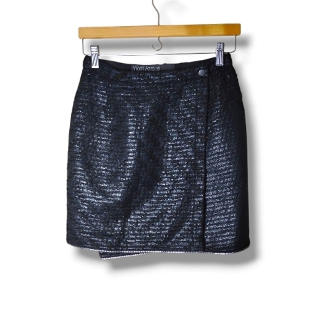 Yigal Azrouel Black Mini Zipper Hem Wet Look Moto Wrap Mini Skirt Size 2